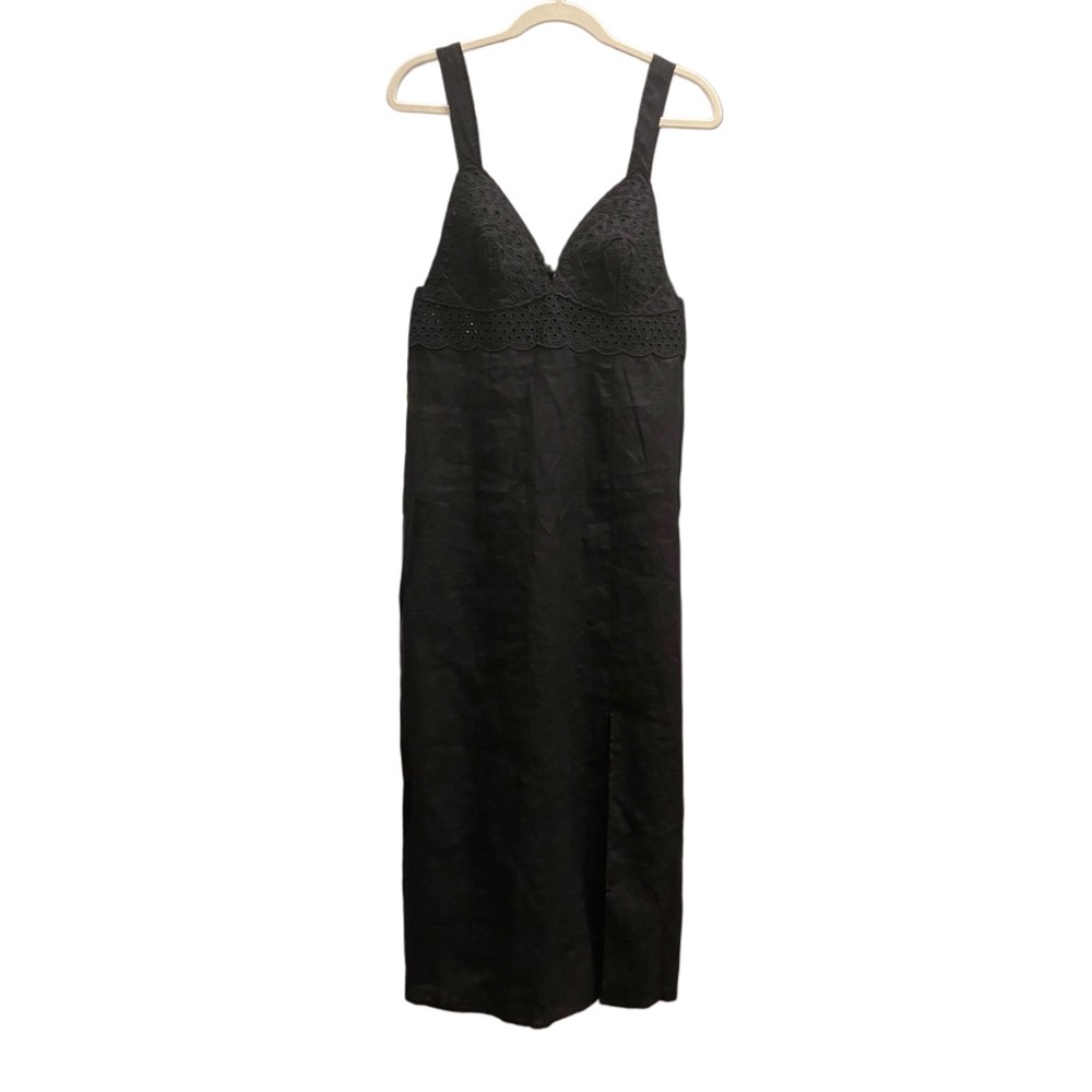 H&M Black Linen Dress NWT – Eyelet Embroidery Size M Summer Midi - Picture 2 of 11